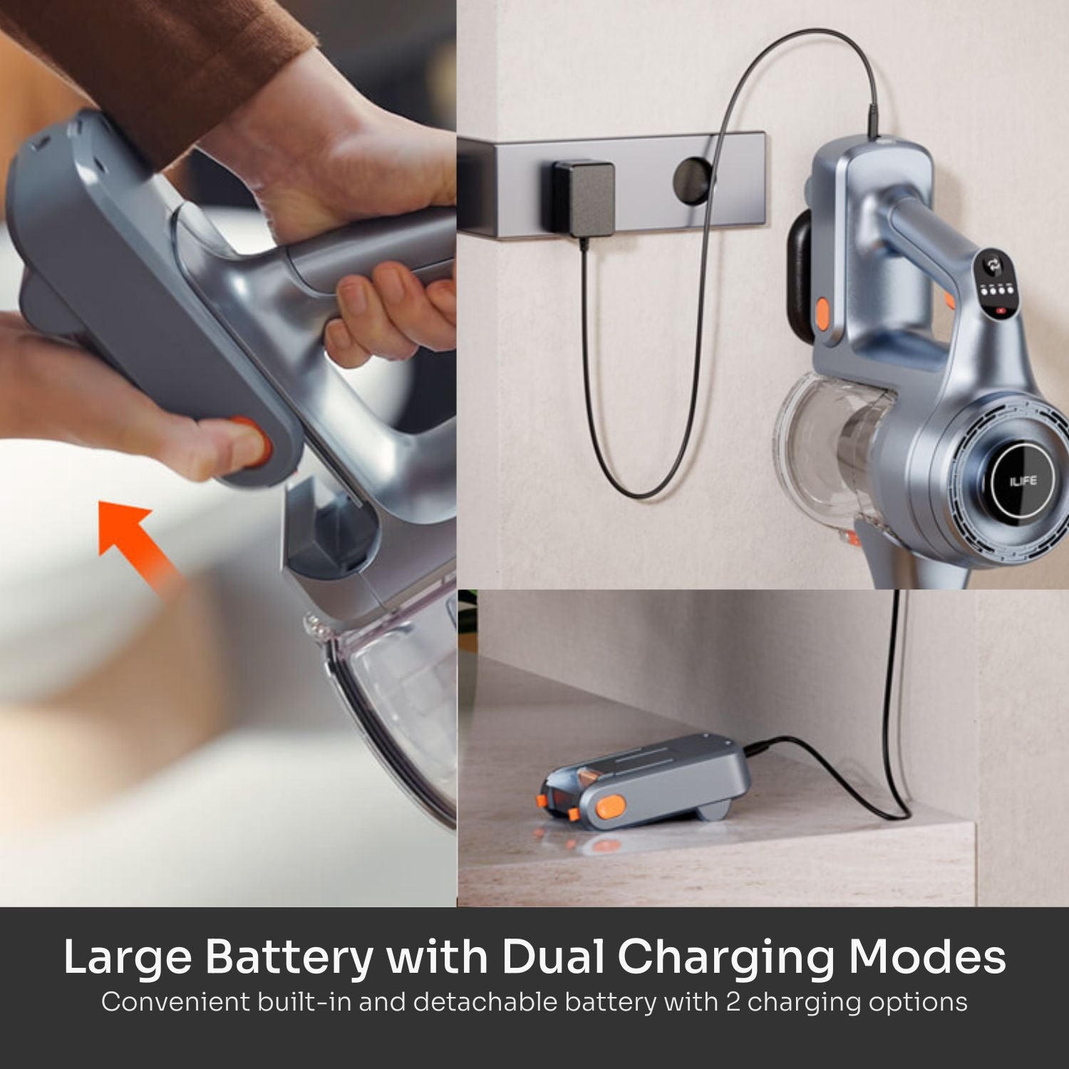 Large battery with dual charging