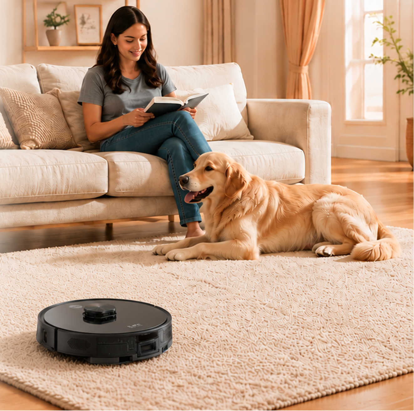 Pet parent sitting while ilife robot vacuum cleans