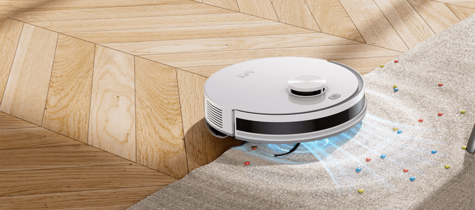 ILIFE A30 smart robot vacuum cleaning debris on carpet
